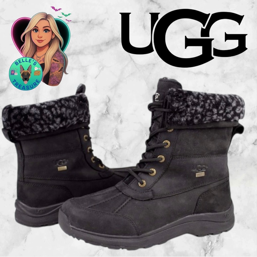 UGG ADIRONDACK BOOT III LEATHER SHEEPSKIN WOMEN'S 7 BOOTS Gray Leopard Fur Lined